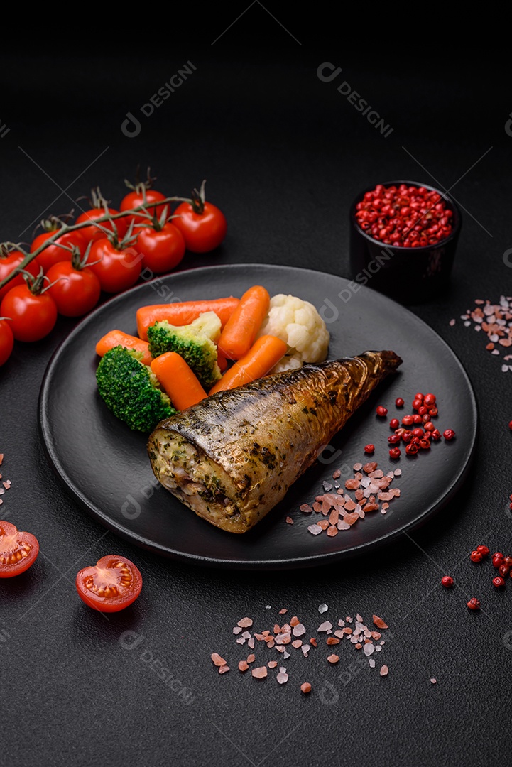 Deliciosa cavala grelhada com sal, especiarias e ervas sobre um fundo de concreto texturizado