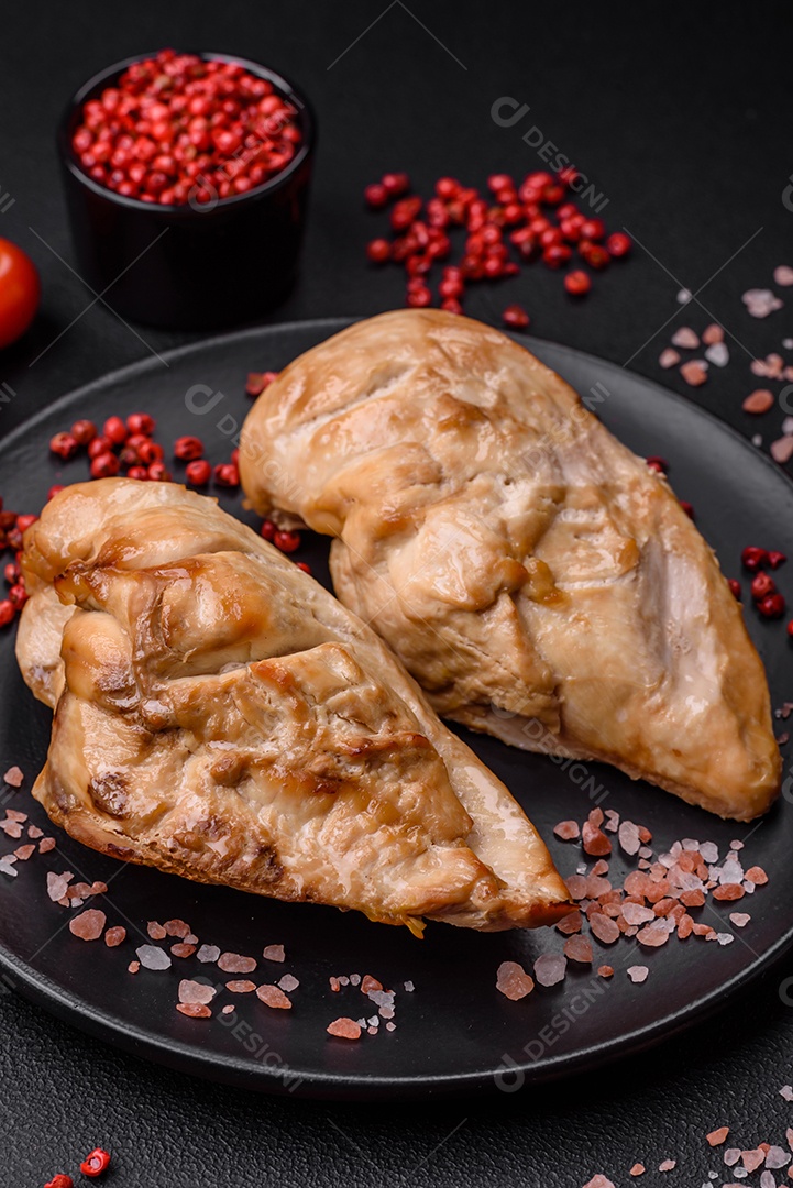 Delicioso bife com sal, especiarias e ervas em uma placa cerâmica sobre um fundo escuro de concreto