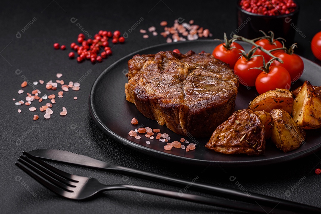 Delicioso bife com sal, especiarias e ervas em uma placa cerâmica sobre um fundo escuro de concreto