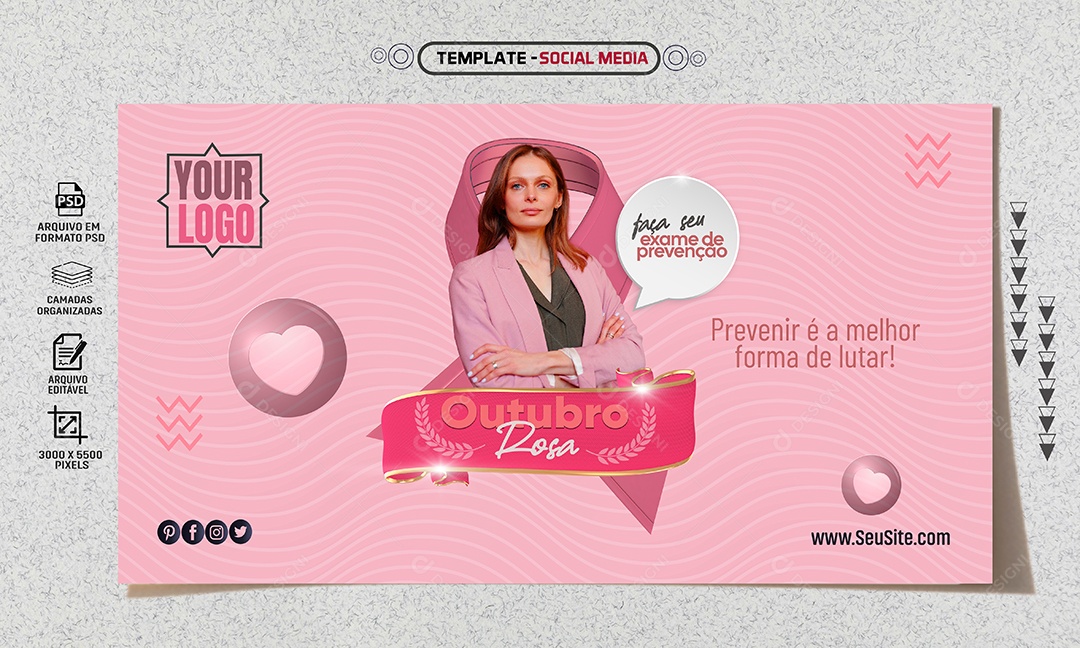 Social Media Banner Outubro Rosa Exame De Prevenção PSD Editável