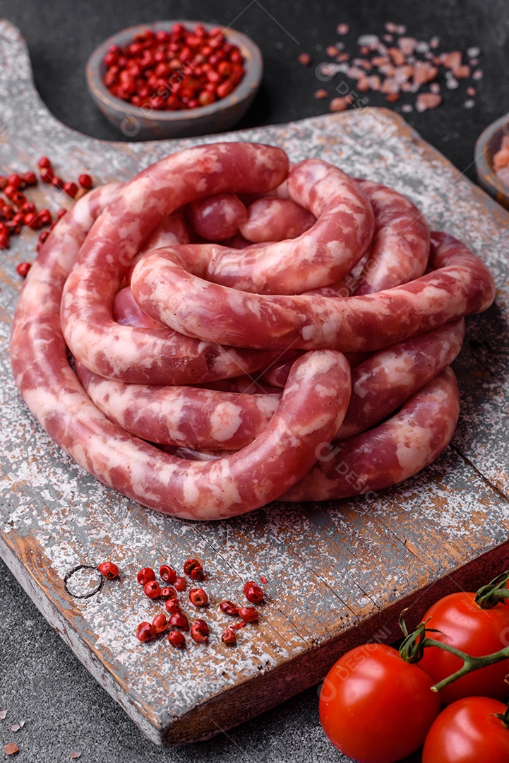 Salsichas cruas de porco ou vaca com sal, especiarias e ervas sobre um fundo escuro de concreto