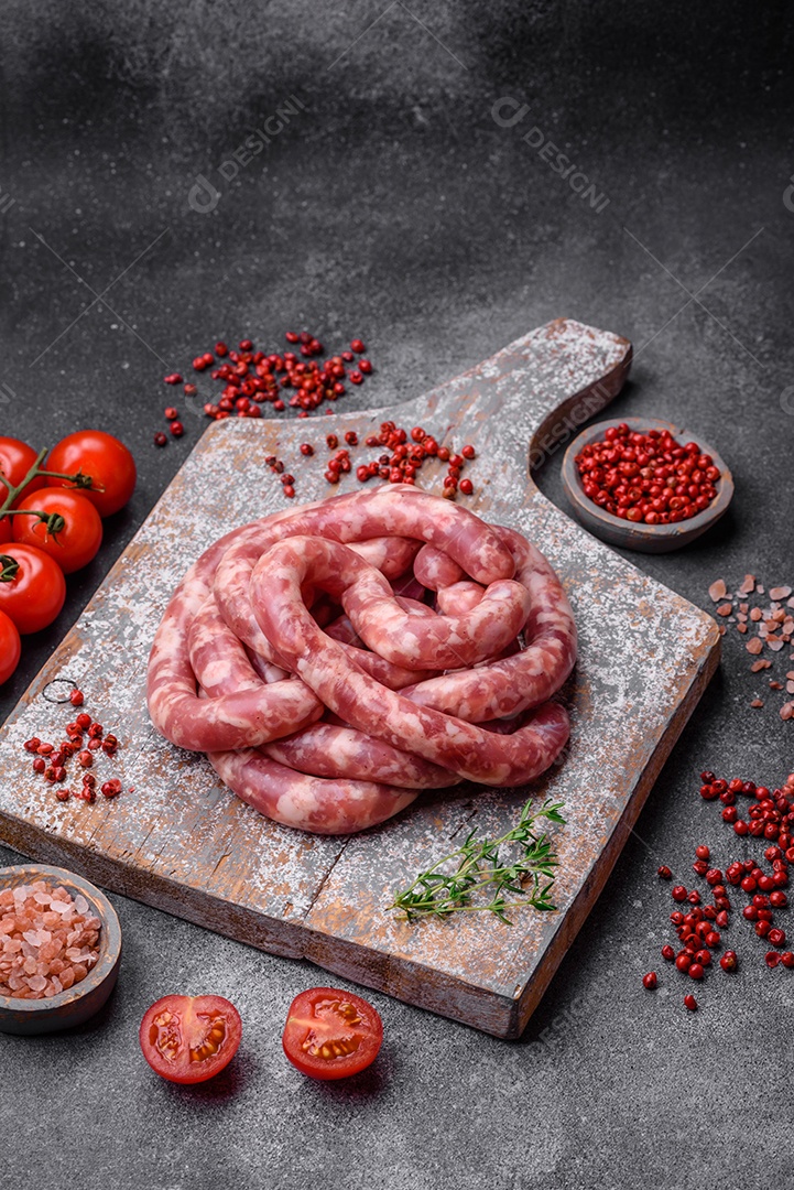 Salsichas cruas de porco ou vaca com sal, especiarias e ervas sobre um fundo escuro de concreto