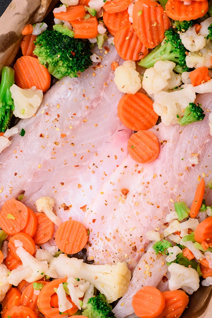 Filé de peixe robalo cru com sal, especiarias e legumes em uma assadeira sobre um fundo texturizado