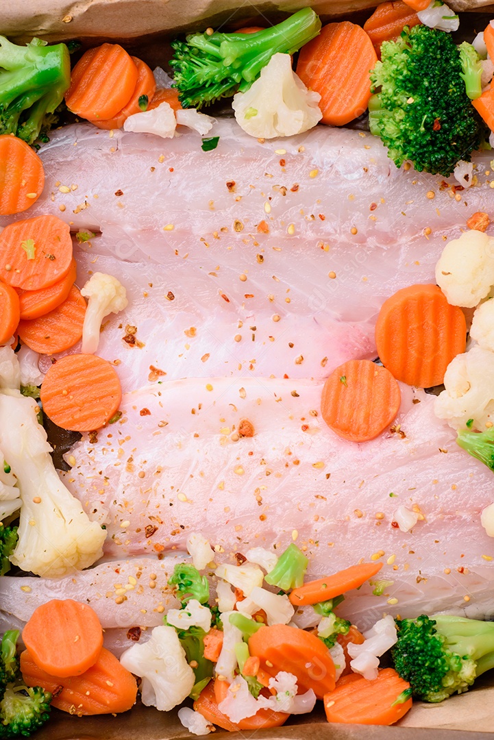 Filé de peixe robalo cru com sal, especiarias e legumes em uma assadeira sobre um fundo texturizado