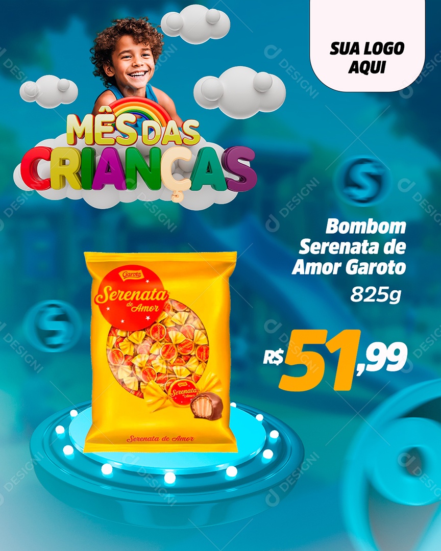 Mes das Crianças 12 de Outubro Bombom Serenata de Amor Garoto Social Media PSD Editável