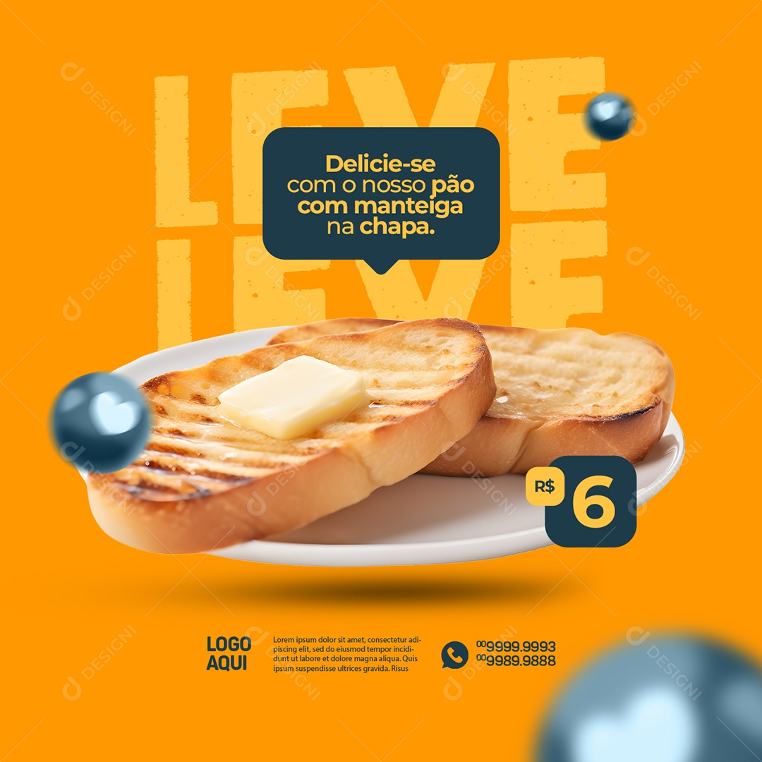 Padaria Pão na Chapa Leve Delicie se com o nosso Pão com Manteiga na Chapa Social Media PSD Editável