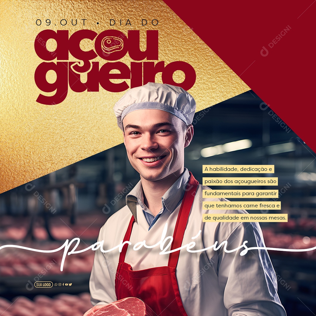 Dia do Açougueiro 09 de Outubro Parabéns Social Media PSD Editável