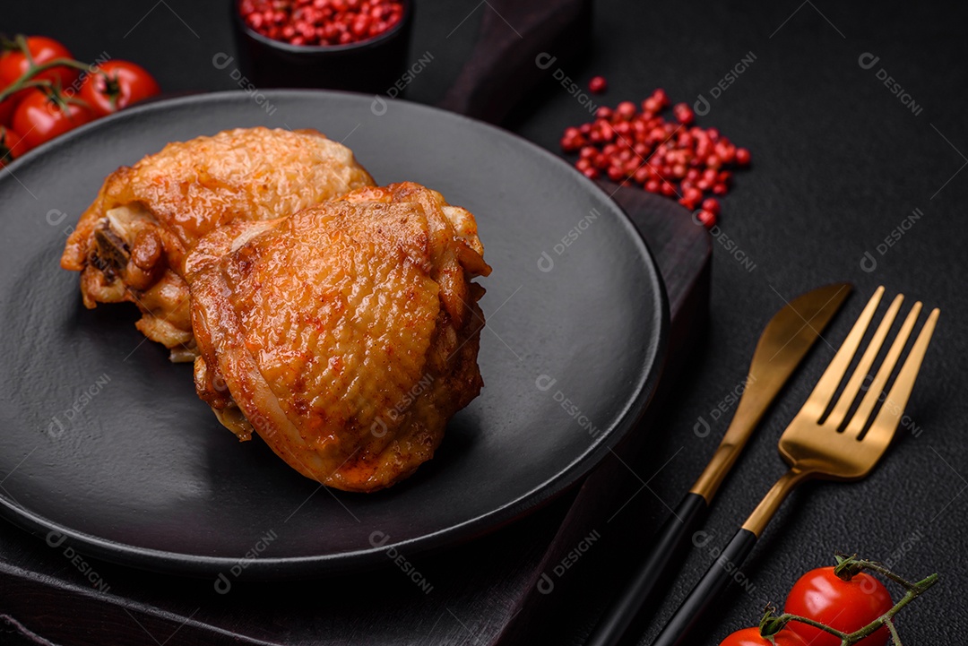 Deliciosas coxas de frango suculentas assadas com sal, especiarias e ervas em uma placa cerâmica sobre um fundo escuro de concreto