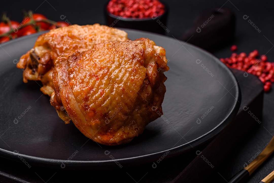 Deliciosas coxas de frango suculentas assadas com sal, especiarias e ervas em uma placa cerâmica sobre um fundo escuro de concreto