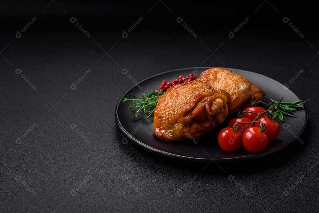 Deliciosas coxas de frango suculentas assadas com sal, especiarias e ervas em uma placa cerâmica sobre um fundo escuro de concreto