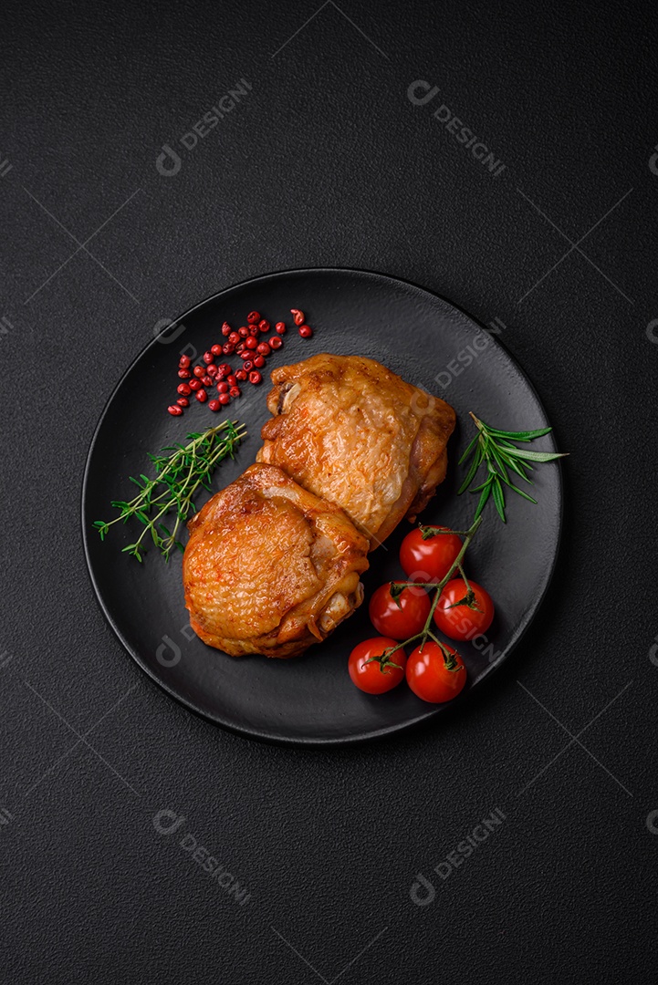 Deliciosas coxas de frango suculentas assadas com sal, especiarias e ervas em uma placa cerâmica sobre um fundo escuro de concreto