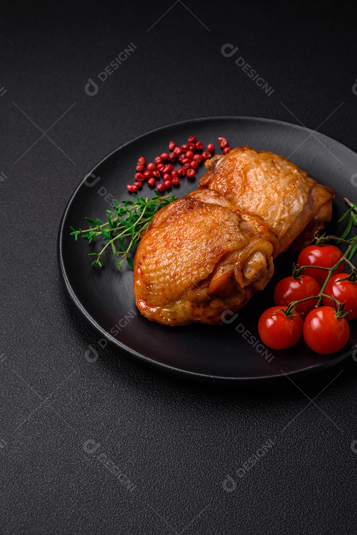Deliciosas coxas de frango suculentas assadas com sal, especiarias e ervas em uma placa cerâmica sobre um fundo escuro de concreto