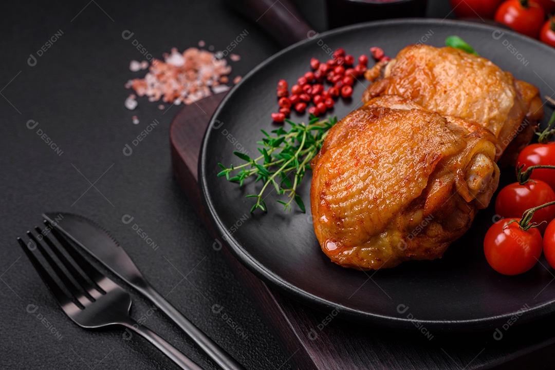 Deliciosas coxas de frango suculentas assadas com sal, especiarias e ervas em uma placa cerâmica sobre um fundo escuro de concreto