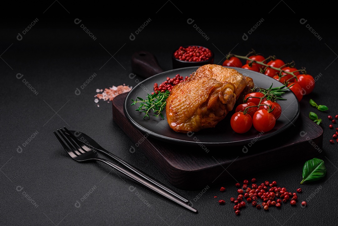 Deliciosas coxas de frango suculentas assadas com sal, especiarias e ervas em uma placa cerâmica sobre um fundo escuro de concreto