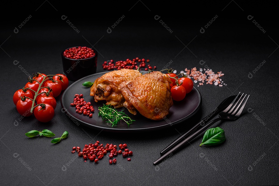 Deliciosas coxas de frango suculentas assadas com sal, especiarias e ervas em uma placa cerâmica sobre um fundo escuro de concreto