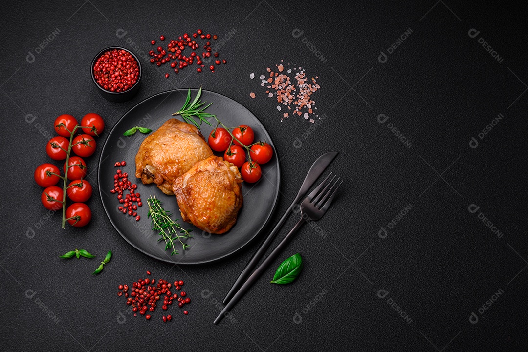 Deliciosas coxas de frango suculentas assadas com sal, especiarias e ervas em uma placa cerâmica sobre um fundo escuro de concreto