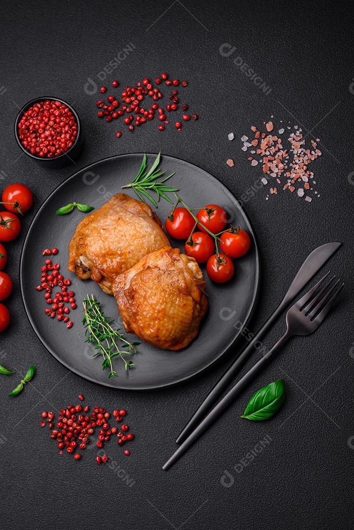 Deliciosas coxas de frango suculentas assadas com sal, especiarias e ervas em uma placa cerâmica sobre um fundo escuro de concreto