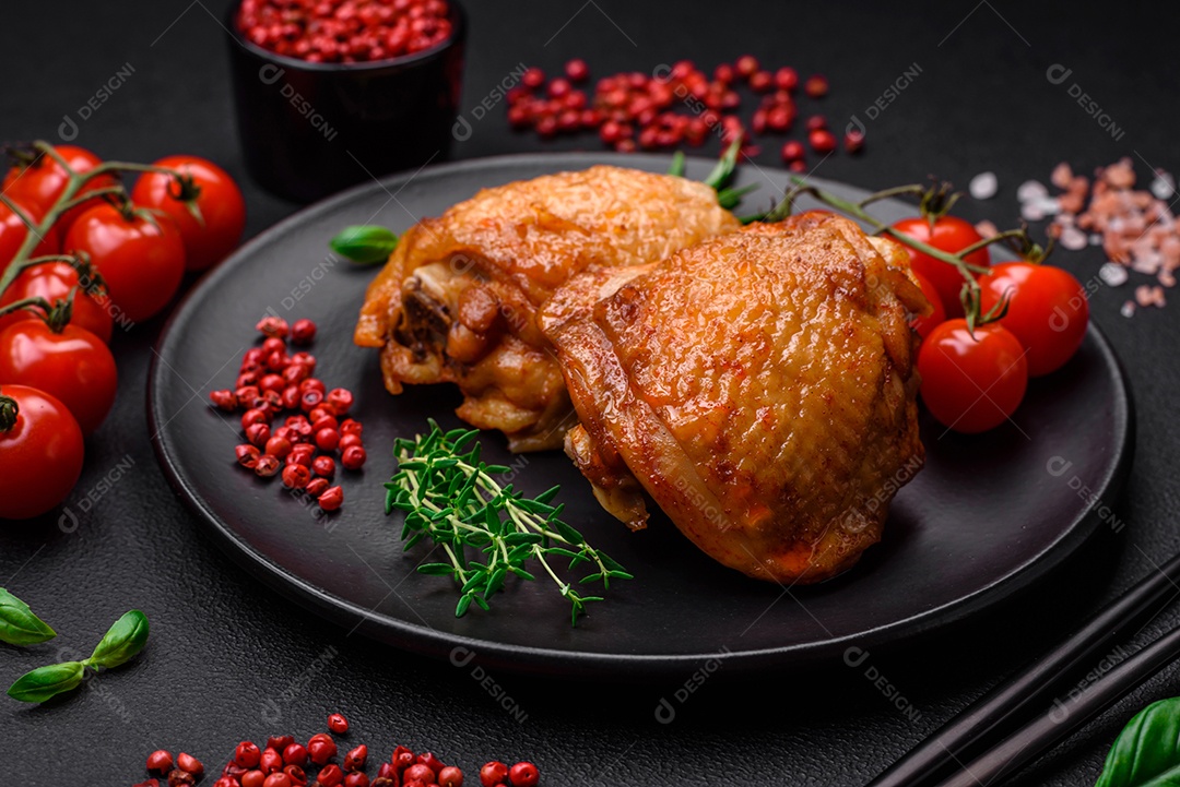Deliciosas coxas de frango suculentas assadas com sal, especiarias e ervas em uma placa cerâmica sobre um fundo escuro de concreto