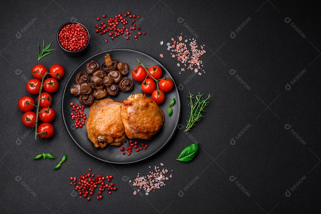 Deliciosas coxas de frango suculentas assadas com sal, especiarias e ervas em uma placa cerâmica sobre um fundo escuro de concreto