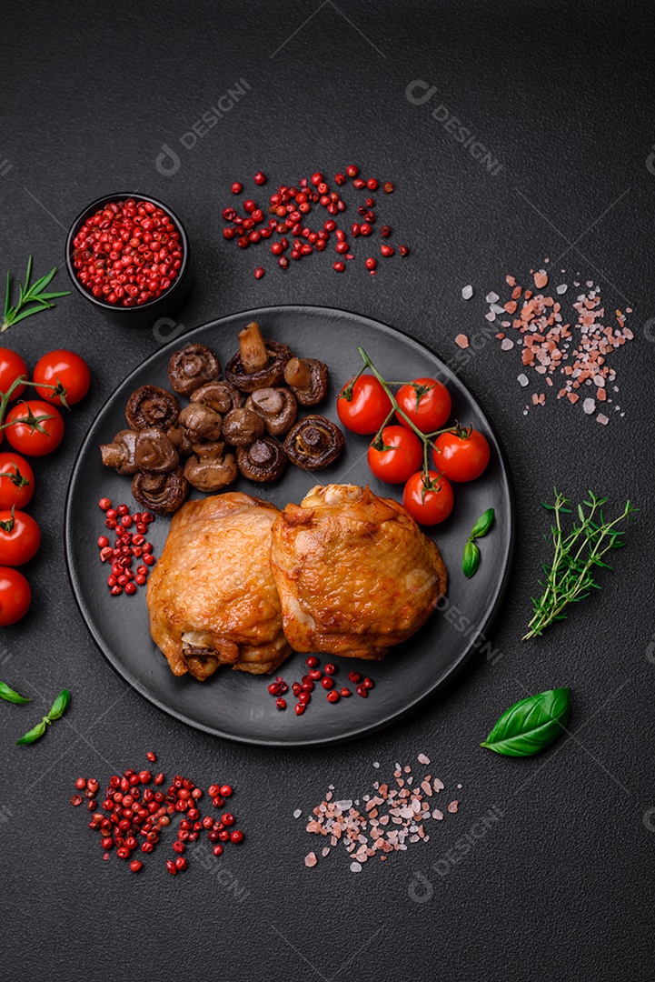 Deliciosas coxas de frango suculentas assadas com sal, especiarias e ervas em uma placa cerâmica sobre um fundo escuro de concreto