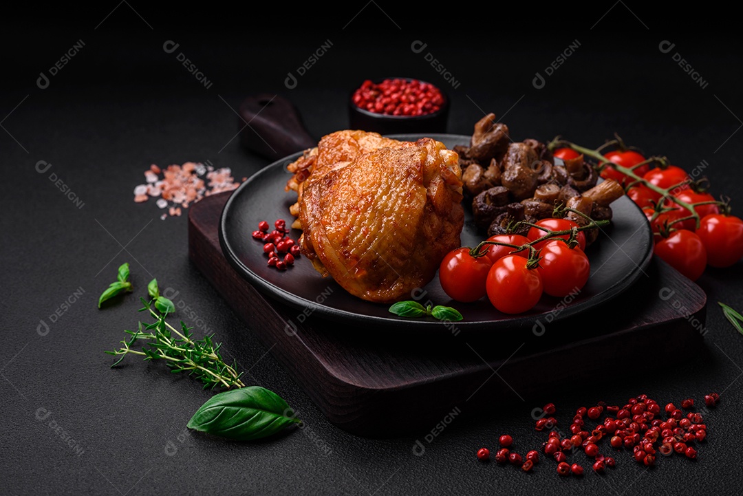 Deliciosas coxas de frango suculentas assadas com sal, especiarias e ervas em uma placa cerâmica sobre um fundo escuro de concreto