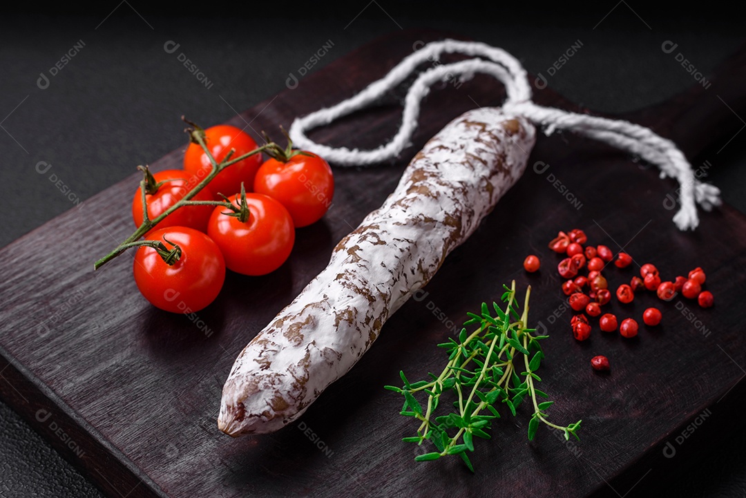 Deliciosa salsicha fuet fumada fresca com sal, especiarias e ervas sobre um fundo escuro de concreto