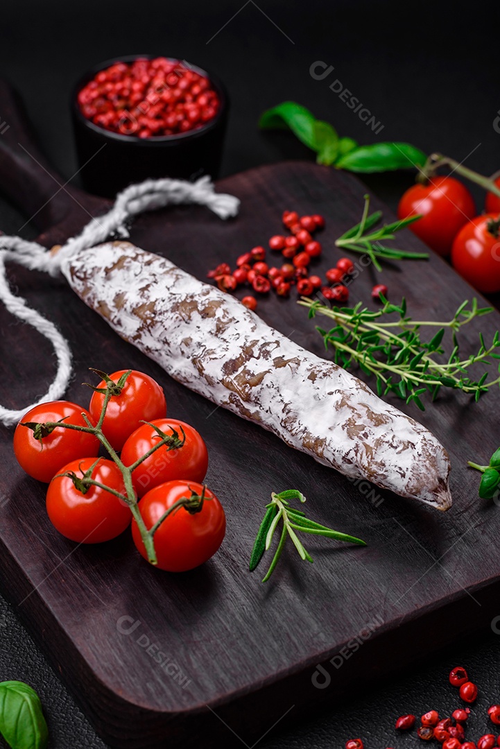 Deliciosa salsicha fuet fumada fresca com sal, especiarias e ervas sobre um fundo escuro de concreto