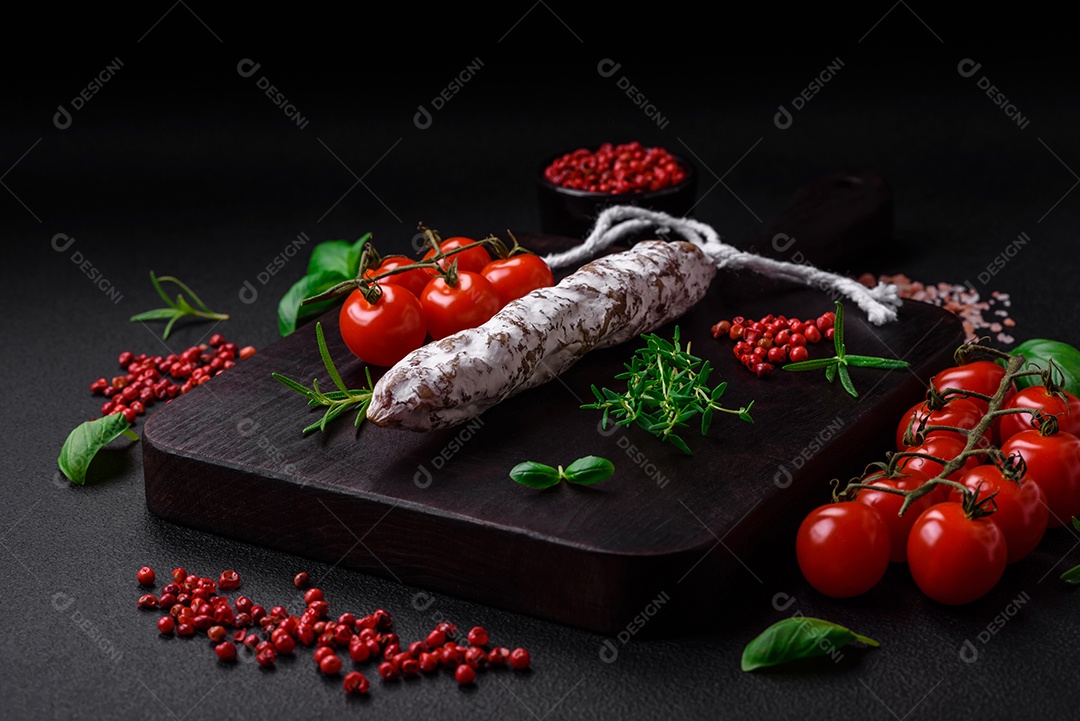 Deliciosa salsicha fuet fumada fresca com sal, especiarias e ervas sobre um fundo escuro de concreto