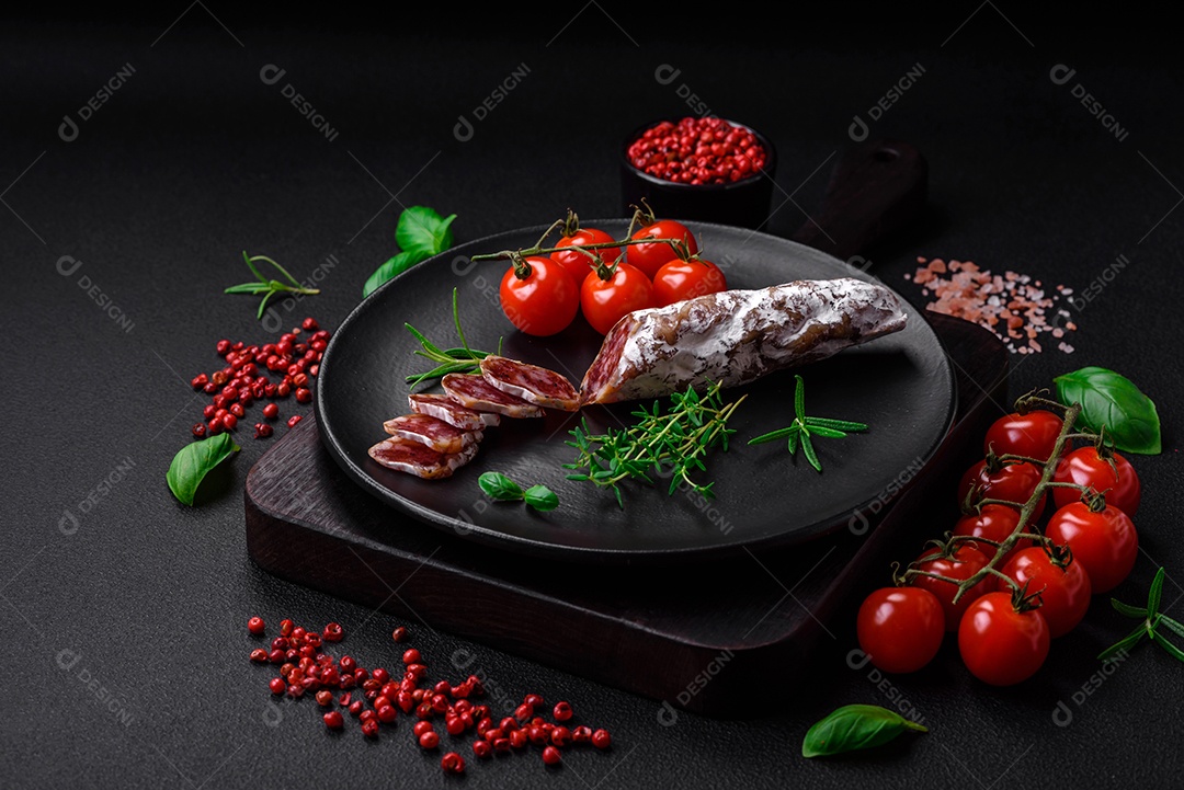 Deliciosa salsicha fuet fumada fresca com sal, especiarias e ervas sobre um fundo escuro de concreto