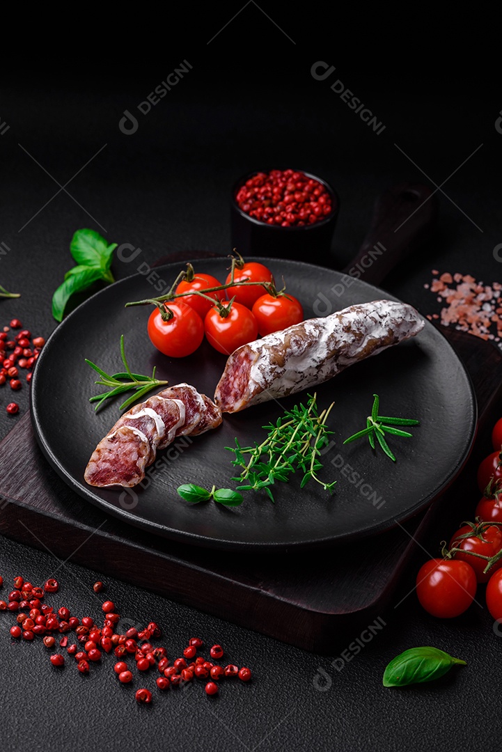 Deliciosa salsicha fuet fumada fresca com sal, especiarias e ervas sobre um fundo escuro de concreto