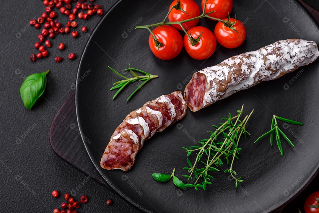 Deliciosa salsicha fuet fumada fresca com sal, especiarias e ervas sobre um fundo escuro de concreto