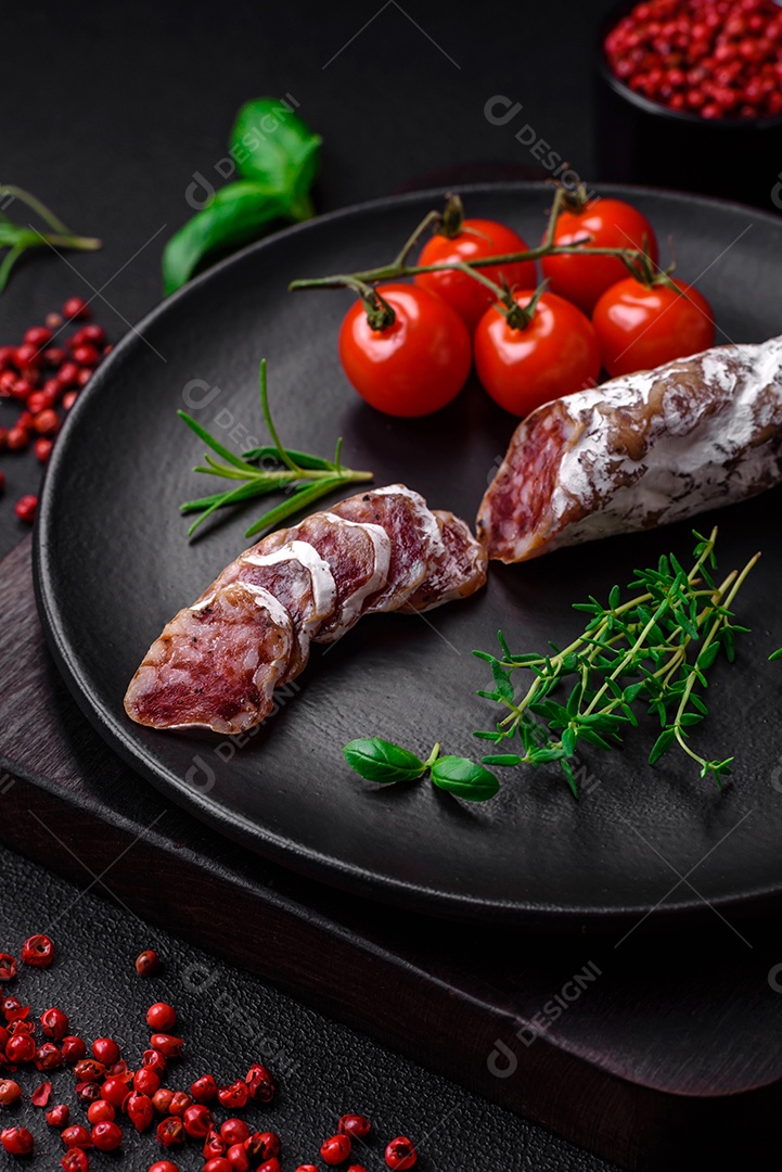 Deliciosa salsicha fuet fumada fresca com sal, especiarias e ervas sobre um fundo escuro de concreto