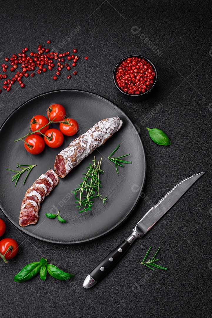 Deliciosa salsicha fuet fumada fresca com sal, especiarias e ervas sobre um fundo escuro de concreto