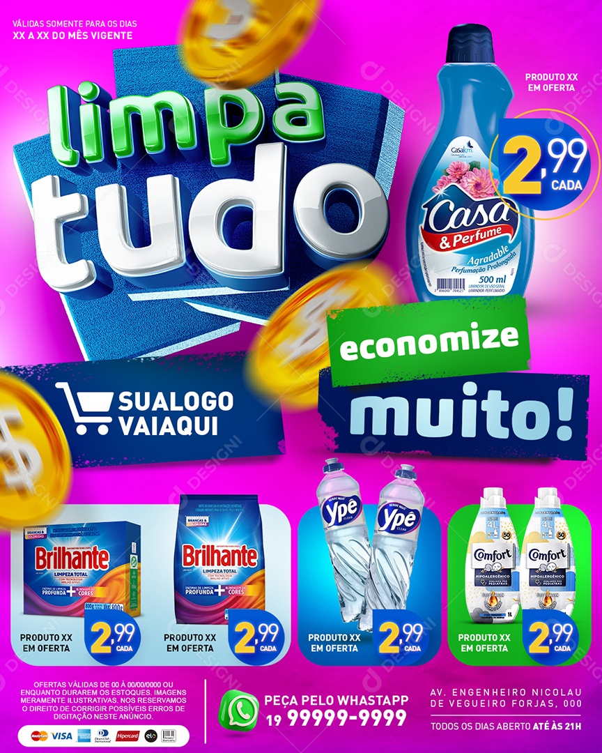 Tabloide Limpa Tudo Supermercado Economize Muito Social Media PSD Editável