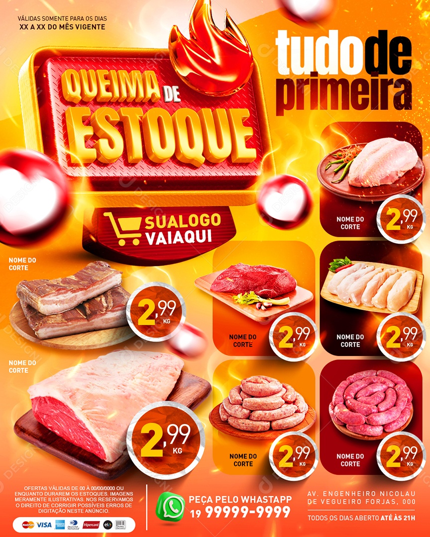 Tabloide Queima de Estoque Tudo de Primeira Açougue Supermercado Social Media PSD Editável