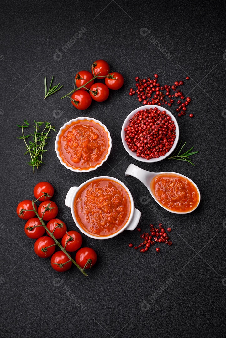 Delicioso molho de tomate picante com pimenta, alho, sal, especiarias e ervas em uma molheira branca sobre um fundo escuro de concreto