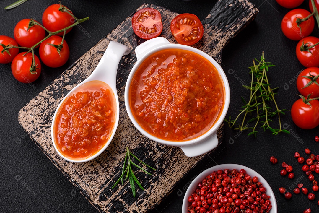 Delicioso molho de tomate picante com pimenta, alho, sal, especiarias e ervas em uma molheira branca sobre um fundo escuro de concreto