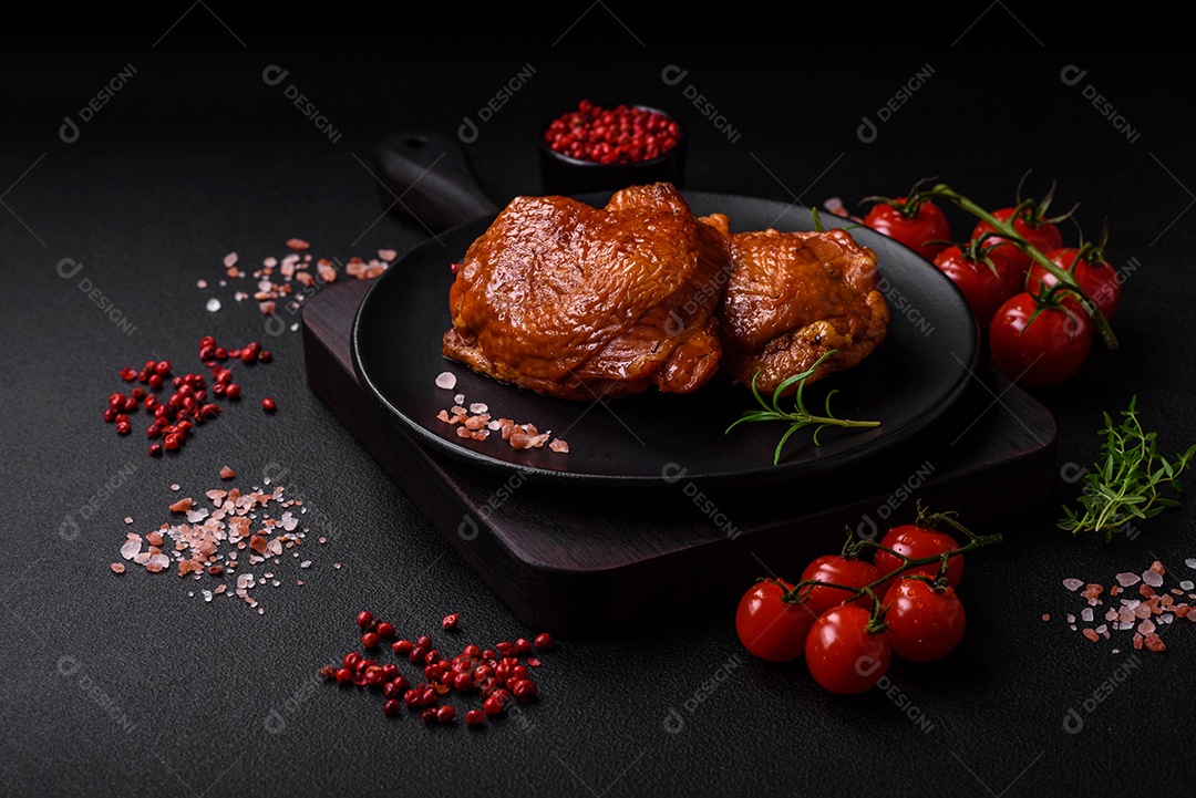 Deliciosas coxas de frango frito ou defumado grelhadas com especiarias e ervas sobre fundo escuro de concreto