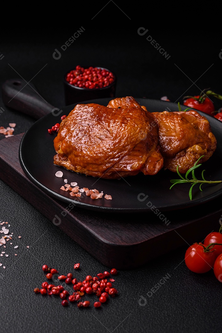 Deliciosas coxas de frango frito ou defumado grelhadas com especiarias e ervas sobre fundo escuro de concreto