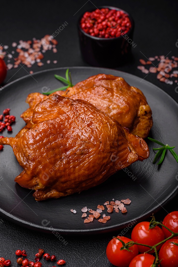 Deliciosas coxas de frango frito ou defumado grelhadas com especiarias e ervas sobre fundo escuro de concreto