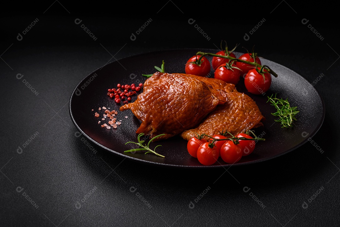 Deliciosas coxas de frango frito ou defumado grelhadas com especiarias e ervas sobre fundo escuro de concreto