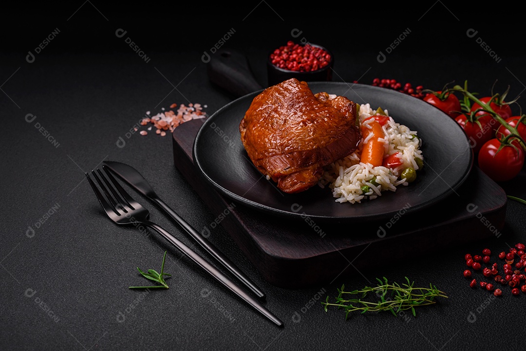 Deliciosas coxas de frango frito ou defumado grelhadas com especiarias e ervas sobre fundo escuro de concreto