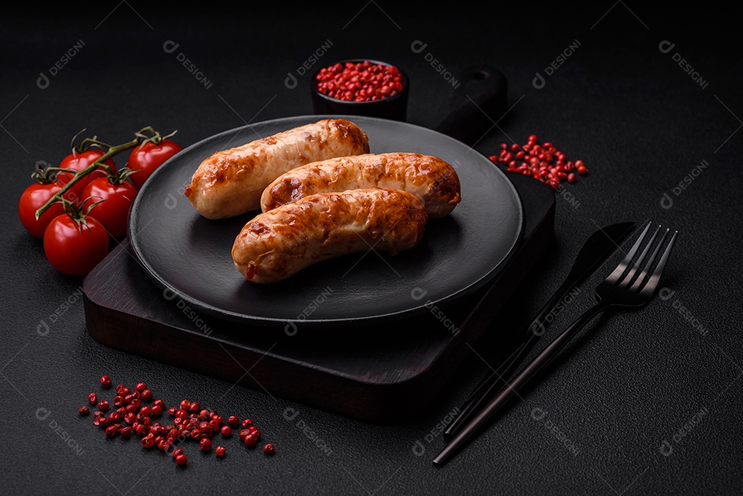 Deliciosas salsichas grelhadas suculentas com sal, especiarias e ervas numa placa cerâmica sobre um fundo escuro de concreto
