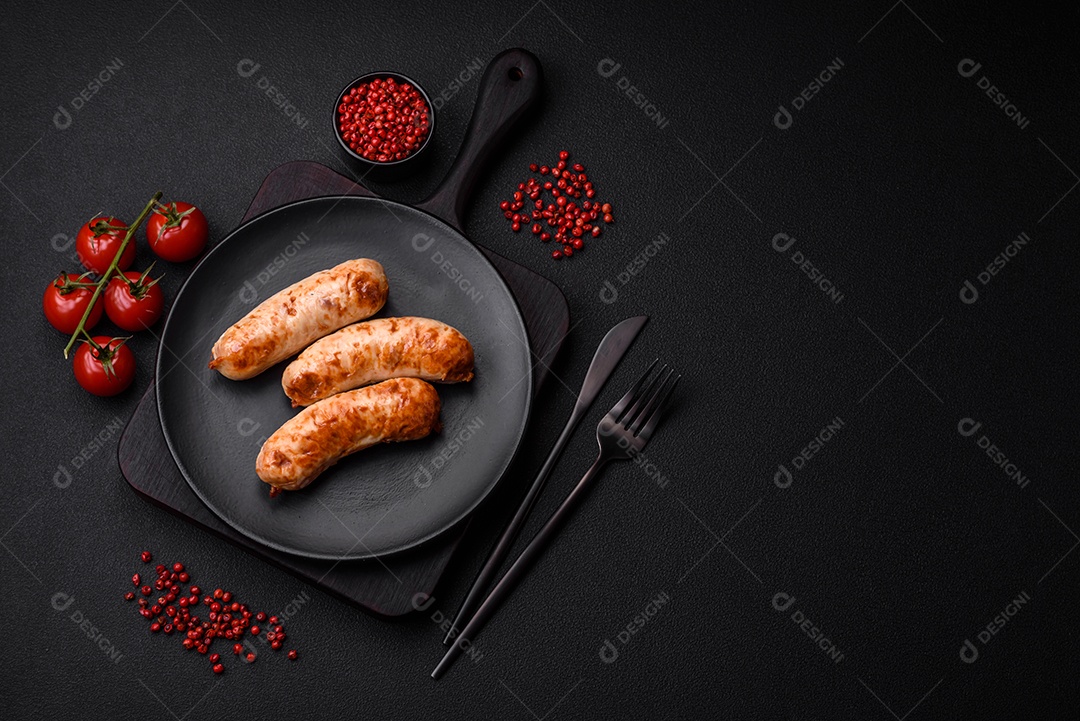 Deliciosas salsichas grelhadas suculentas com sal, especiarias e ervas numa placa cerâmica sobre um fundo escuro de concreto