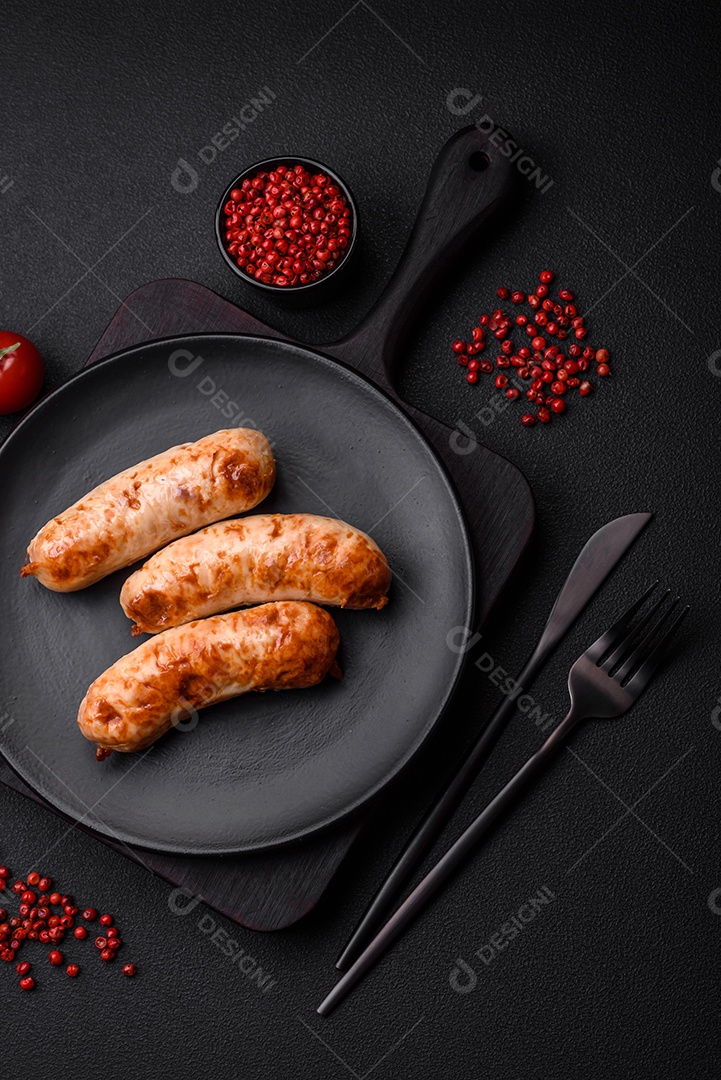 Deliciosas salsichas grelhadas suculentas com sal, especiarias e ervas numa placa cerâmica sobre um fundo escuro de concreto