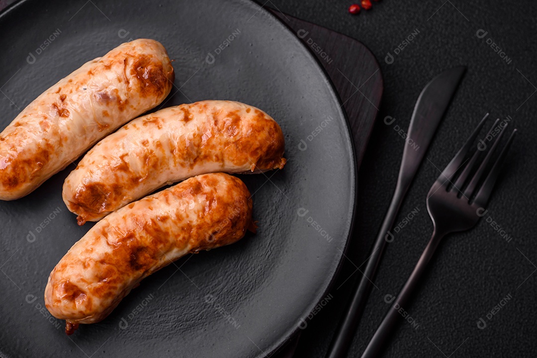 Deliciosas salsichas grelhadas suculentas com sal, especiarias e ervas numa placa cerâmica sobre um fundo escuro de concreto