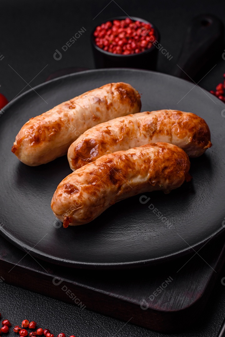 Deliciosas salsichas grelhadas suculentas com sal, especiarias e ervas numa placa cerâmica sobre um fundo escuro de concreto