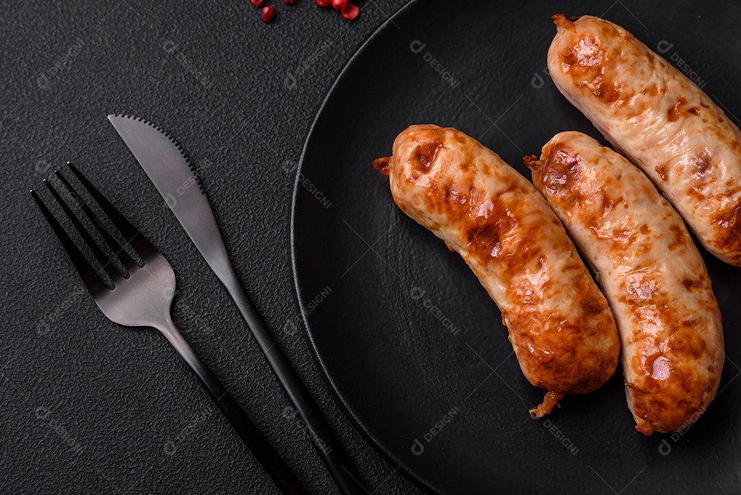 Deliciosas salsichas grelhadas suculentas com sal, especiarias e ervas numa placa cerâmica sobre um fundo escuro de concreto