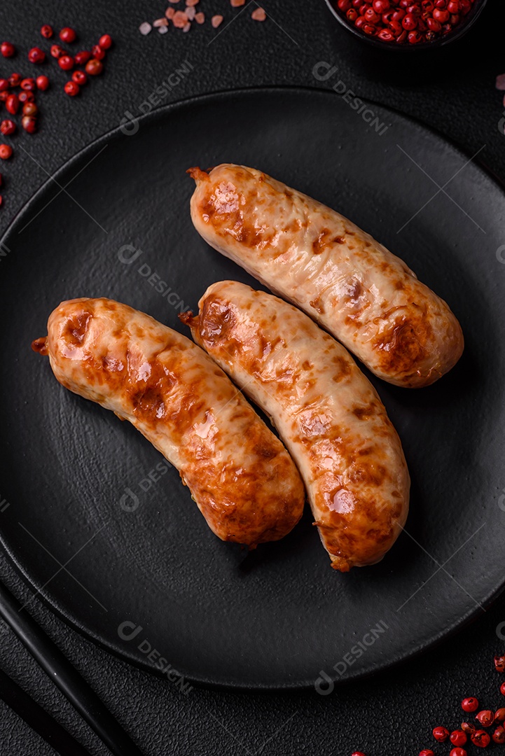 Deliciosas salsichas grelhadas suculentas com sal, especiarias e ervas numa placa cerâmica sobre um fundo escuro de concreto