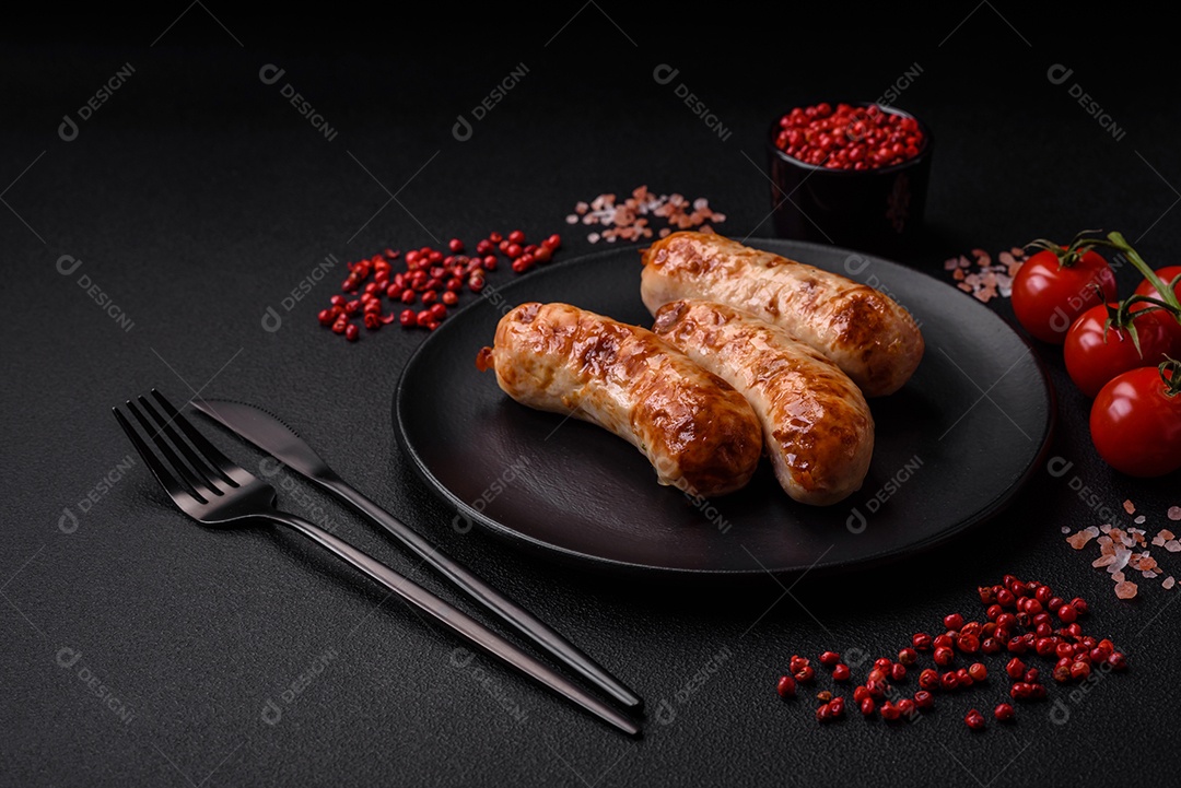 Deliciosas salsichas grelhadas suculentas com sal, especiarias e ervas numa placa cerâmica sobre um fundo escuro de concreto